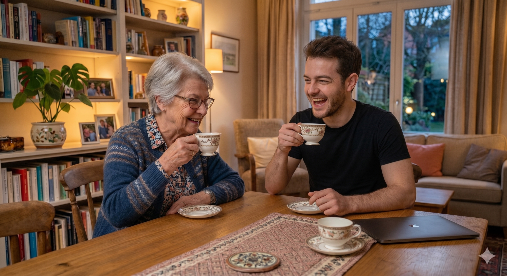 Grand-mère et homme autour d'un thé